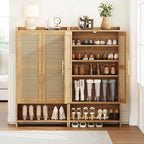 Narrow Shoe Cabinet with 2 Doors, 6-Tier Rattan Tall Shoe Storage Cabinet with 2 Adjustable Shelves & Wooden Legs, 46.3"H Slim Shoes Rack Organizer Cabinet for Entryway, Hallway, Natural Oak