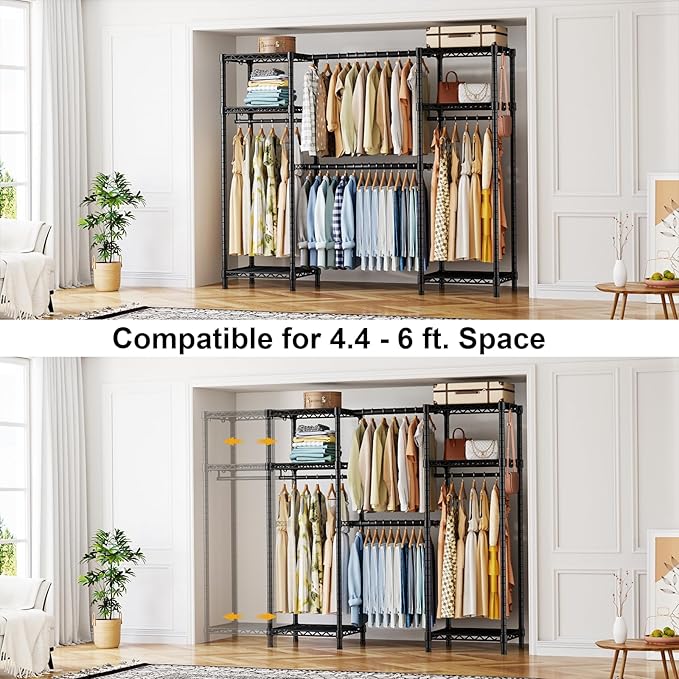 Ulif E7 Garment Rack, Heavy Duty Clothes Storage System with Extendable Hangers Rods, Metal Clothe Rack with 6 Wire Shelves, (52.3"-72") W x 14.5" D x 71.2" H, Load 838 LBS