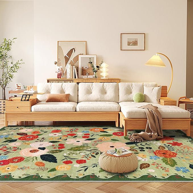 U'Artlines 6x9ft Vintage Floral Area Rug Machine Washable Ultra Soft Low Pile Non Slip Non Shedding Accent Floor Carpet for Living Room, Bedroom, Dining Room, Office (Green)