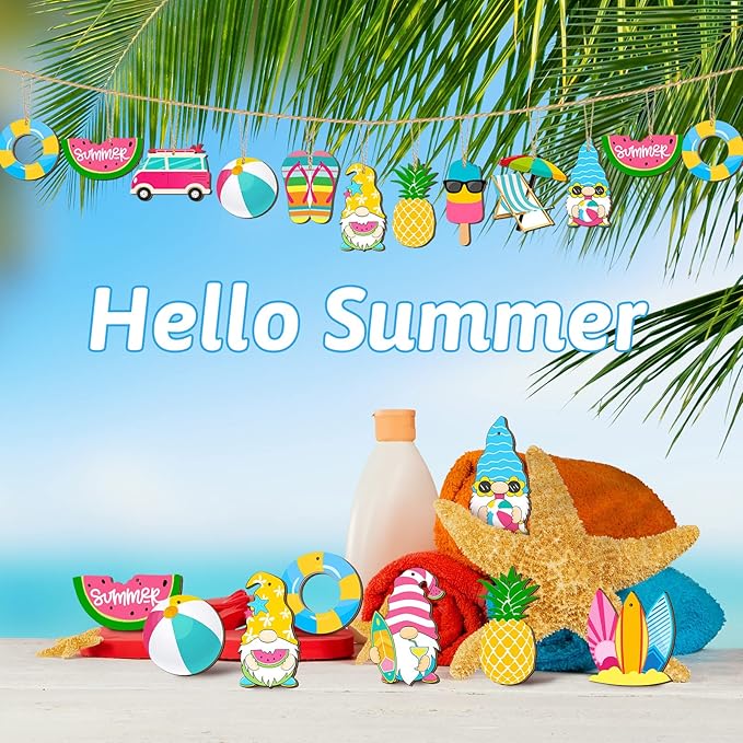 Geelin 36 Pcs Summer Wood Hanging Ornaments for Tree Mini Tree Decorations Hawaiian Beach Wooden Pendant Decorations with String for Luau Party Supplies(Cute Style)