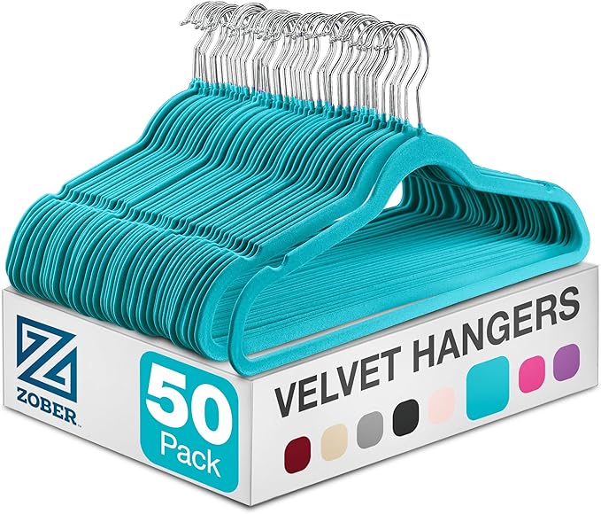 ZOBER Turquoise Velvet Hangers 50 Pack - Clothes Hangers, Coat Hanger for Pants & Dress Clothes - Non Slip w/ 360 Degree Swivel, Holds up to 10 lbs - Strong Felt Hanger for Clothing