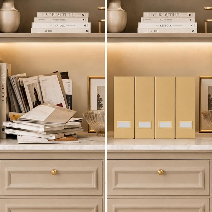 BLU MONACO | Gold Cardboard Magazine File Holder Set of 4 | Vertical Magazine File Holder for Shelves | Standing File Holder Desk Organizer
