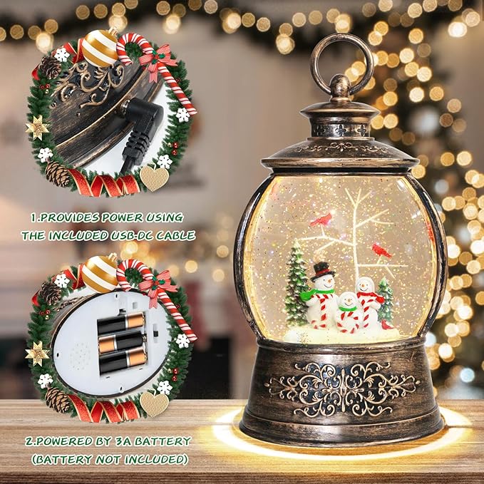 Christmas Cardinal Snow Globe 12.5In High, Snowman Musical Snow Globe Lantern Lights with 6 Hour Timer and Batteries Powered, Retro Style Holiday Glitter Globe for Xmas Home Decoration and Santa Gifts