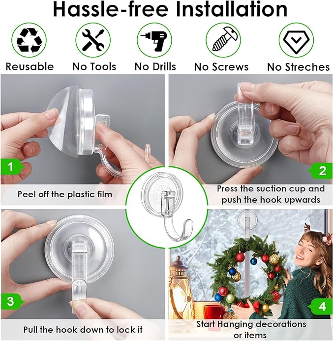 Wreath Hanger, Heavy Duty Suction Cup Hooks for Front Door, Plastic Clear Hooks for Halloween Christmas Wreaths, Welcome Sign, Glass Door, Tile Wall