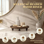 EOSAHR Acacia Wood Beaded Round Display Riser for Boho Decor – 3-Leg Wooden Pedestal Stand for Coffee Table, Cake Stand, Perfume Tray & Vanity Organizer – Riser for Decor (Dark Acacia)