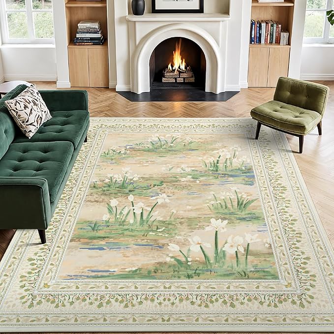 Lessymo Floral 8x10 Area Rugs for Living Room, Soft Non Slip Washable Rugs for Dining Room Bedroom, Low Pile Green Rug, Cottagecore Impressionist-Style Decor Carpet, Beige Sage