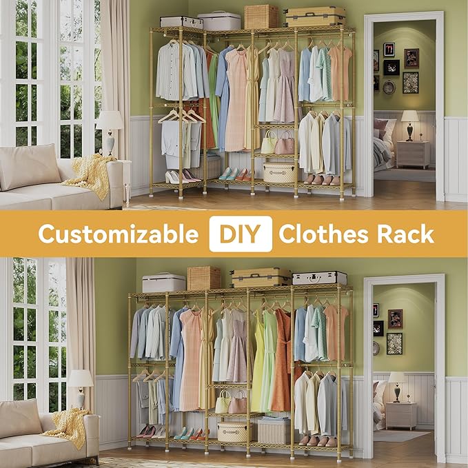 H5 Large Wire Garment Rack, Heavy Duty Clothes Racks, Wardrobe Closet Rack for Hanging Clothes, Freestanding Clothing Racks with Adjustable Shelf, 93.3" Wx15.7 Dx75.4 H, Gold, Load 1400 lbs