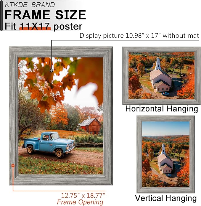KTKDE 11x17 Picture Frame Set of 3,Grey Wooden frames, Vertical & Horizontal Wall Hanging for Wall Display,Studio Gallery Photo Frame for Photos, Posters & Art Prints