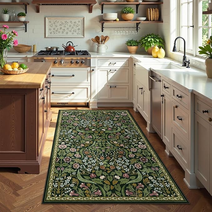 Moynesa Floral Green 4x6 Rug, Boho Washable Rugs for Living Room, Non Slip Soft Bedroom Area Rug, Botanical Ultra Thin Indoor Throw Carpet for Kitchen Entryway Bedside, Green