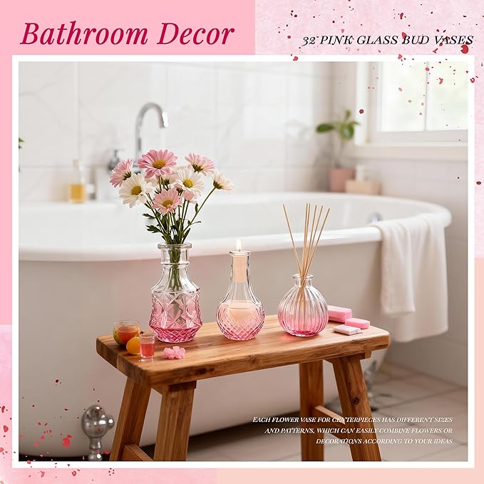 Der Rose Glass Bud Vases Set of 32 Small Pink Flower Vases for Rustic Wedding Centerpieces Table Decorations and Home Office Decor(Pink)