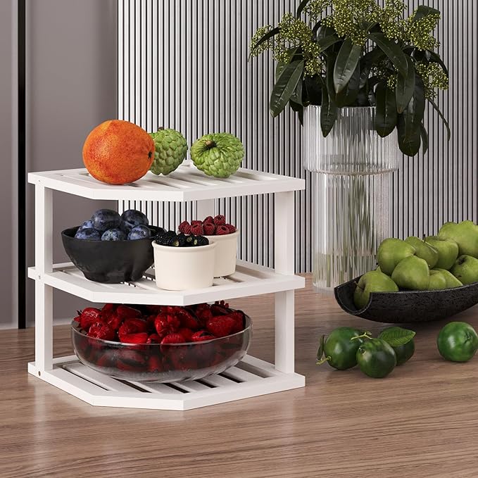 VERTORGAN 3 Tier Bamboo Corner Shelf(2 Pack),Dish Drying Rack,Plate Organizer,Kitchen Spice Rack for Countertop and Cabinet(White)