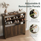 Shoe Cabinet with 2 Flip Drawers, 31.5 Inch Narrow Fluted Shoe Organizer with Gradient Wood Strips Door for Entryway Hallway, Living Room Storage Furniture, Walnut