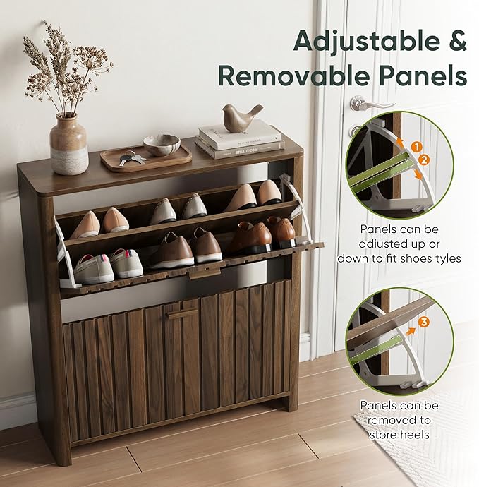 Shoe Cabinet with 2 Flip Drawers, 31.5 Inch Narrow Fluted Shoe Organizer with Gradient Wood Strips Door for Entryway Hallway, Living Room Storage Furniture, Walnut