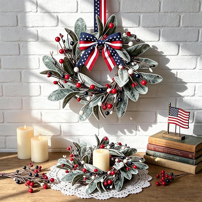 4 PCS Patriotic 4th of July Hanging Wreaths for Cabinets Small Independence Day Wreaths for Front Door with Red White Blue Berries & Lamb's Leaves Memorial Day Labor Day Mini Wreath for Home Decor