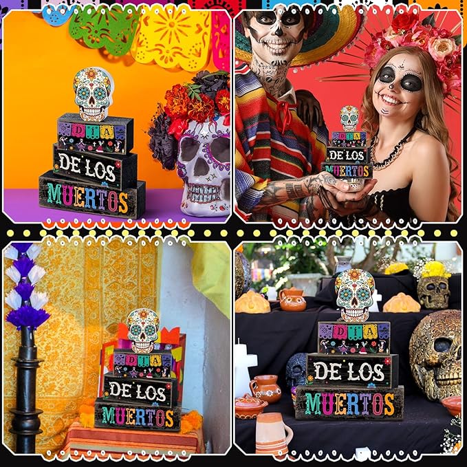 Lineshading 4 Pcs Day of The Dead Table Decorations Day of The Dead Centerpiece for Table Dia De Los Muertos Tiered Tray Decor Wood Sugar Skull Block Signs for Halloween Party Home Shelf Decoration