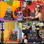 Lineshading 4 Pcs Day of The Dead Table Decorations Day of The Dead Centerpiece for Table Dia De Los Muertos Tiered Tray Decor Wood Sugar Skull Block Signs for Halloween Party Home Shelf Decoration