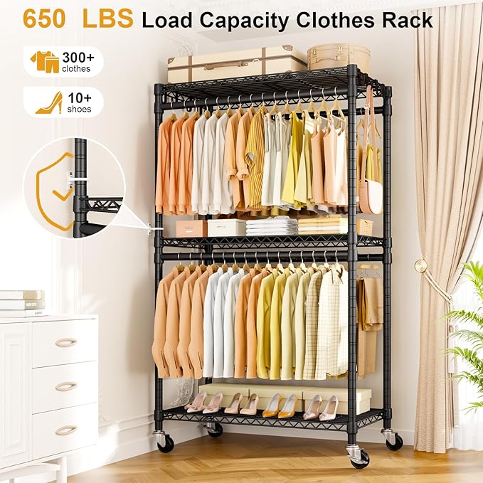 P5 Rolling Clothes Rack Heavy Duty, Clothing Racks for Hanging Clothes, Metal Garment Rack with Wheels, 3-Tier Portable Closet Rack 39.4'' W × 20.5'' D × 80.5'' H, Max Load 650 Lbs, Black