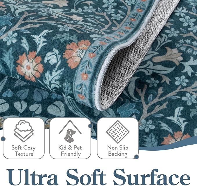 Moynesa Floral Kitchen Runner Rug 2x6, Washable Boho Runners for Hallways Non Slip Soft Bathroom Carpet Runner, Botanical Ultra Thin Throw Mat for Laundry Room Entryway, Teal