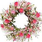 TEMPUS 24 Inch Artificial Spring and Summer for Front Door Wreath Pink Daisy and Lavender Wreath Garden Party Home Wall Wedding Decor