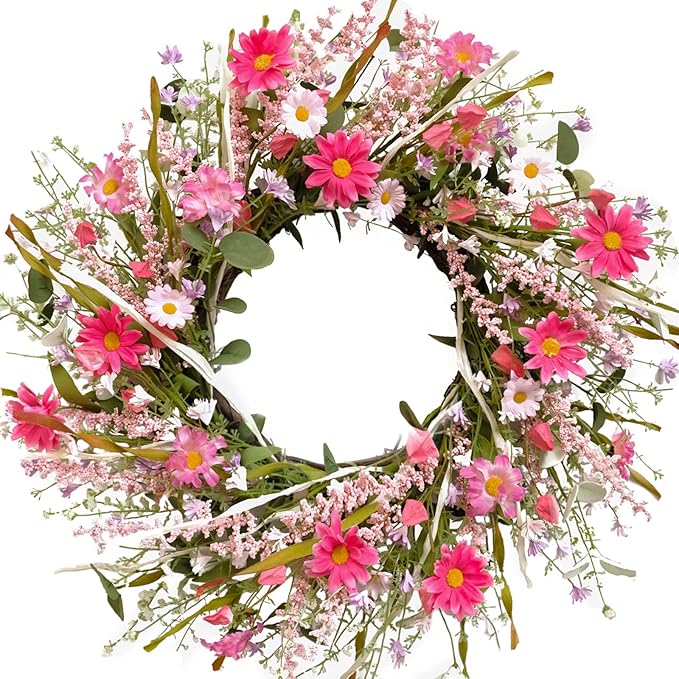 TEMPUS 24 Inch Artificial Spring and Summer for Front Door Wreath Pink Daisy and Lavender Wreath Garden Party Home Wall Wedding Decor