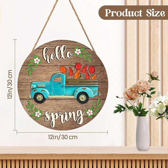 Harooni Hello Spring Blue Truck Welcome Sign for Front Door Spring Summer Wreaths for Front Door Tulip Flowers Pickup Wood Wreath Rustic Farmhouse Door Hanging Sign for Indoor Outdoor Decor 12 Inch