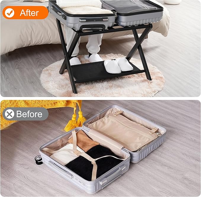 Heybly Luggage Rack, Pack of 2, Folding Suitcase Stand with Storage Shelf, Heavy-Duty Luggage Holder for Guest Room Bedroom Hotel, Holds up to 165 lb,Black, HLR010B2