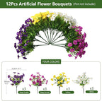 INQCMY Artificial Fake Flowers for Outdoor Spring Decoration,12 Bundles Faux Silk Colorful Morning Glory with Eucalyptus UV Resistant Realistic Fake Plants for Outside Planter Porch Patio Yard Garden