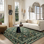 Vintage Botanical Dark Green Area Rug 6x9 Elegant Floral Pattern, Durable Stain-Resistant Fabric, Perfect for Living Room, Bedroom, Dining Room Decor