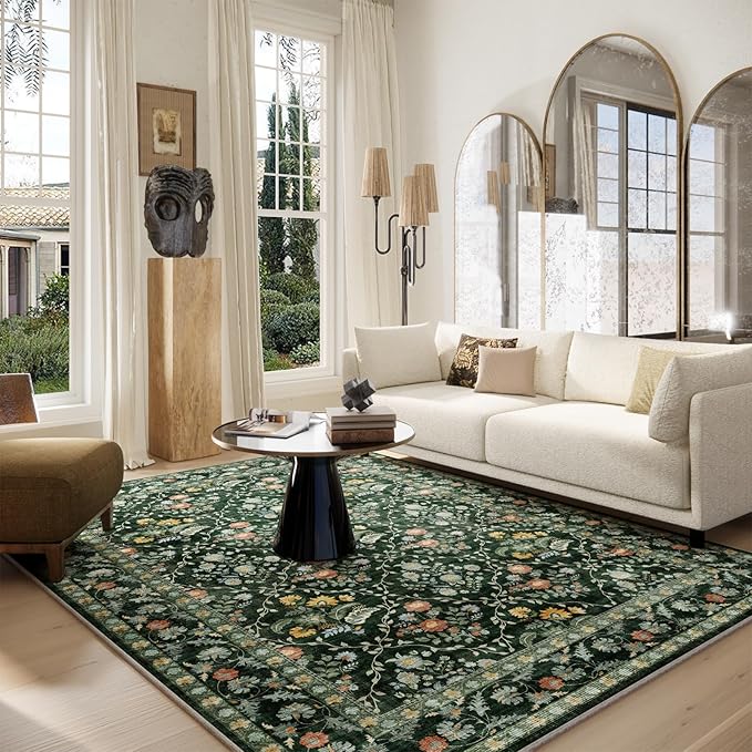 Vintage Botanical Dark Green Area Rug 6x9 Elegant Floral Pattern, Durable Stain-Resistant Fabric, Perfect for Living Room, Bedroom, Dining Room Decor