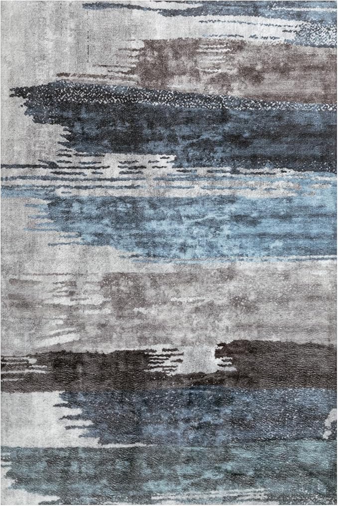Ciicool Modern Abstract Deep Blue Gray Rug for Living Room, 4'x6' Machine Washable Area Rug Non-Slip Rug, Low-Pile Contemporary Indoor Dining Floor Carpet for Bedroom Office Under Table Home Decor