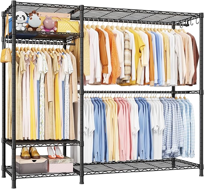 Ulif F7 Plus Garment Rack, Heavy Duty Clothes Rack, Clothing Racks for Hanging Clothes, 6-Tiers Freestanding Portable Closet Storage Rack 68'' W × 14.6'' D × 76.6'' H, Max Load 850 Lbs, Black