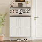 Shoe Cabinet for Entryway with 3 Flip Drawers, Slim Wooden Shoe Storage Organizer with Modern Fluted Pannel，Freestanding Narrow Hidden Shoe Rack for Hallway, Foyer, Living Room