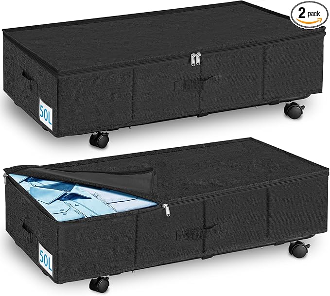 Under Bed Storage with Wheels & Lid, 2PCS Underbed Storage Container, 29.5 x 15.7 x 8.7 in Tall, Blankets Clothes Comforters Shoe Storage Bag Drawers, Rolling Zippered Organizer Bin -Black