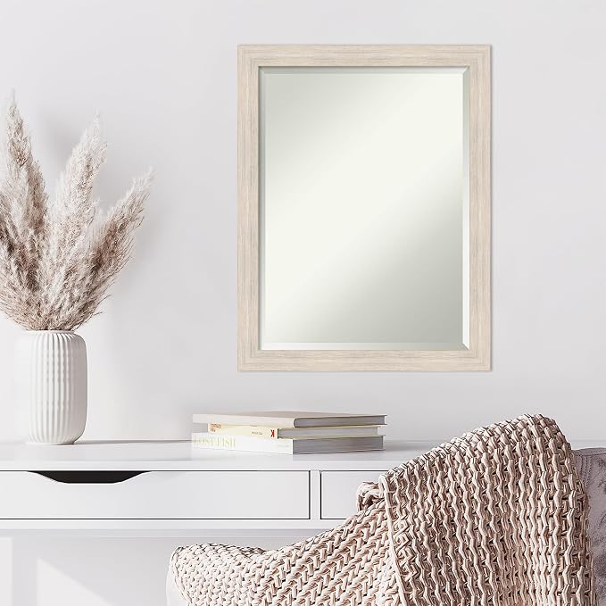 Amanti Art White Wall Mirror 27x21 Hardwood White Wash Narrow Rectangle Bathroom Mirror for Wall Decor Living Room, Medium Country Rustic Wood Frame, Hangs Horizonally and Vertically, Bathroom Decor,