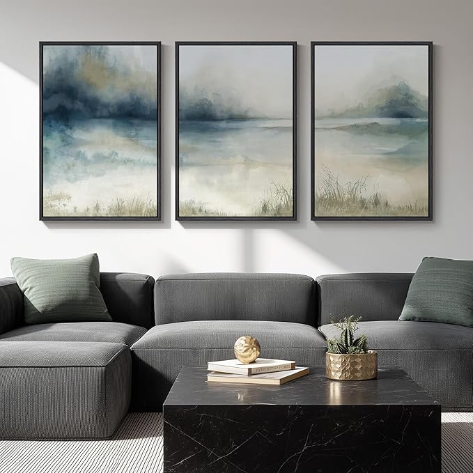 Large Framed Abstract Nature Landscape Wall Art for Living Room, 3 Piece Blue Watercolor Canvas Prints Paintings Artwork for Walls, Misty Lake Mountain Pictures for Hallway Office Wall Decor 24x36 In