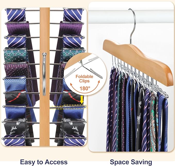 TOPIA HANGER Tie Rack Hanger for Closet 2 Packs, Wooden Tie Organizer for Men with 24 Folding Hooks, Space Saving Necktie Holder for Storage and Display Bra, Tank Top, Camisole (Natural) - CT14N-2
