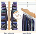 TOPIA HANGER Tie Rack Hanger for Closet, Wooden Tie Organizer for Men with 24 Folding Hooks, Space Saving Necktie Holder for Storage and Display Bra, Tank Top, Camisole (1-Pack), Natural- CT14N