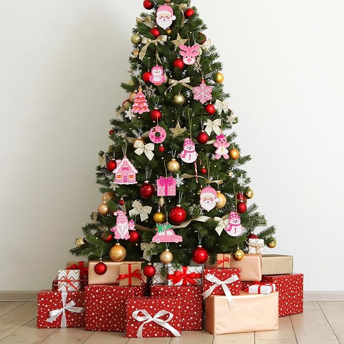Pink Christmas Ornaments for Tree Decorations–12pcs PVC Pastel Pink Ornaments for Christmas Tree Decor