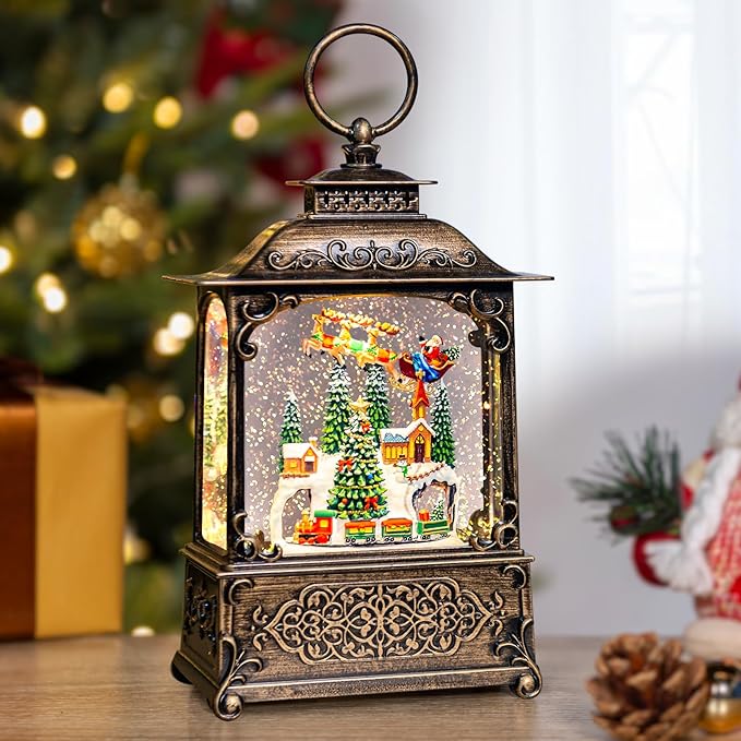 Christmas Snow Globes Lantern with Music, Winter Village Scene Snow Globes with Swirling Glitter Effects, USB/Battery Powered with 6-Hour Timer, Christmas Decorations