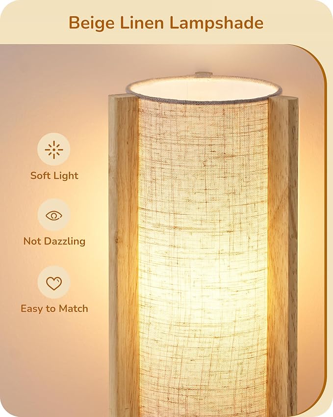 EDISHINE Small Wood Table Lamp, 13.5" Modern Bedside Lamp, Beige Linen Shade, Natural Wood Cylinder Nightstand Lamp for Bedroom Living Room, On-Off Line Switch, E26 Base (Bulb Not Included)