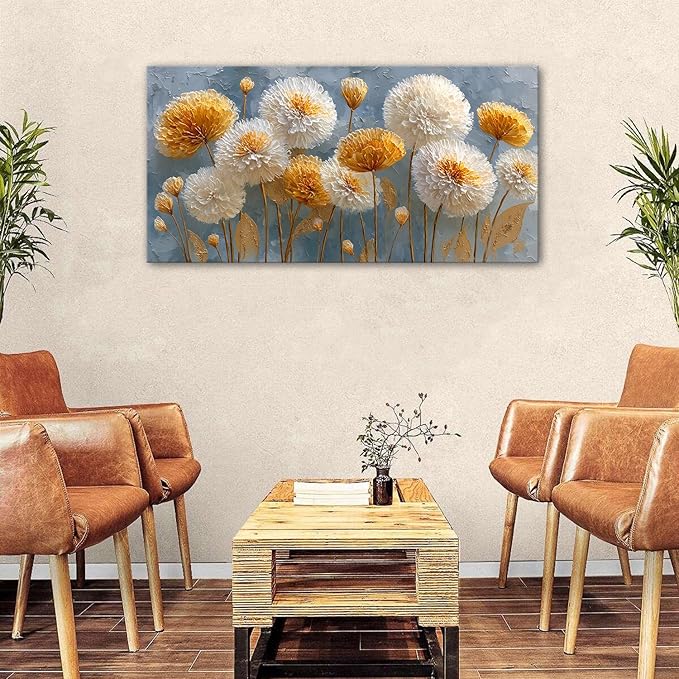 Abstract White Flower Wall Art Golden Floral Pictures Wall Decor Neutral Flowers Canvas Painting Boho Blossom Posters Print Nature Botanical Artwork Bedroom Living Room Office Home Decoration 24x48