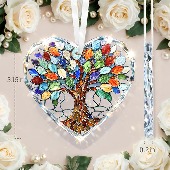 Tree of Life Stained Glass Ornament Christmas Tree Decorations Heart Shape Crystal Ornaments Holiday Presents Idea Car Hanging Ornaments Unique Keepsale for Mom Wife Friend Sister