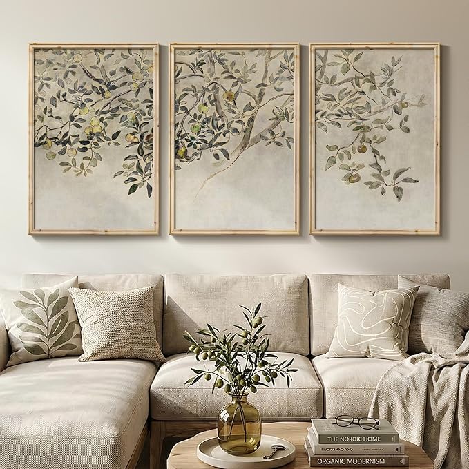 Large Vintage Framed Botanical Wall Art for Living Room, 3 Piece Rustic Neutral Fruit Tree Canvas Prints Artwork for Walls, Modern Farmhouse Leaf Wall Decor for Bedroom Dining Room Office, 24x36 Inch
