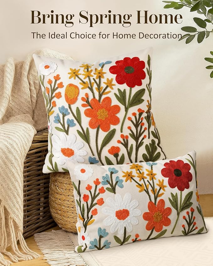Embroidered Throw Pillow Cover 20x20 Inch - Spring Summer Boho Decorative Pillow Cover with Zipper for Living Room Couch Sofa Bed Aesthetic Design Flower Cluster Cushion Pillowcase