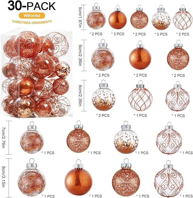 Wironlst Christmas Ball Ornaments Shatterproof Clear Large Plastic Hanging Ball Decorative Baubles Set with Stuffed Delicate Decorations (Multi-Siz, Orange)