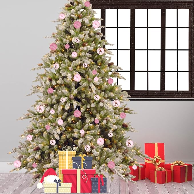 Emopeak 24Pcs Christmas Balls Ornaments for Xmas Christmas Tree - 4 Style Shatterproof Christmas Tree Decorations Hanging Ball for Holiday Wedding Party Decoration (Pink, 1.3"/3.2CM)