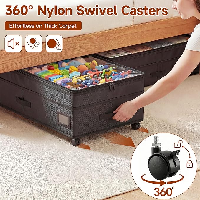 Under Bed Storage with Wheels, Adjustable Height Underbed Storage Containers, 2 Pack 65L Bins, Heavy-Duty 600D Fabric & Steel Frame for Clothes, Shoes, Bedding