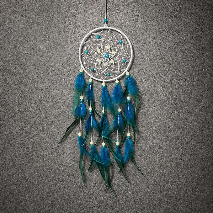 Handmade Turquoise Blue Dream Catcher for Boy– Glow in The Dark Wall Hanging Decor for Boys Girls Bedroom, Nursery, Kids Room, Birthday