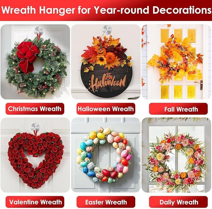 Silver Wreath Hangers for Front Door, 22 LB Large Suction Cup Wreath Hooks for Halloween Fall Christmas Decorations, Removable and Reusable Wreath Holders for Welcome Sign Window Glass Indoor Outdoor