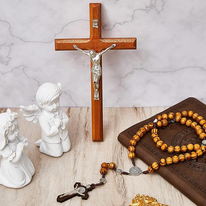 Leinuosen 4 Set Handmade Crucifix Wall Cross and Wooden Rosary Beads Jesus Cross Hanging Wood Rosary for Home Wall Pectoral Pendant Necklace Gifts Decor 7.87 Inch